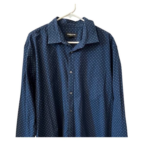 CLAIRBORNE Mens Button Down Dress Shirt XXL Long Sleeve Casual Print Cotton Blue - Picture 1 of 10